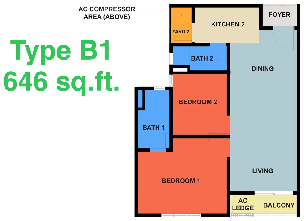 KSL Austin Legacy Type B1 floor plan, 1+1 bedroom 2 bathroom, 646 sqft