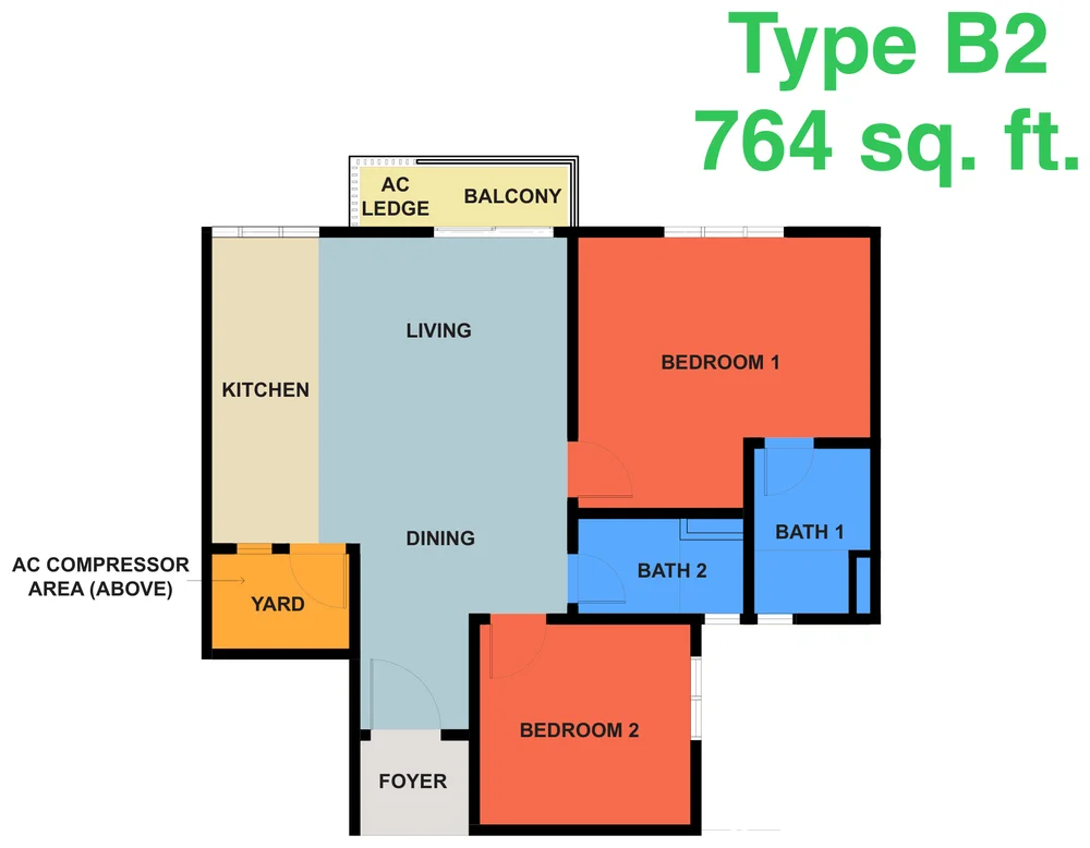 KSL Austin Legacy Type B2 floor plan, 2 bedroom 2 bathroom, 764 sqft