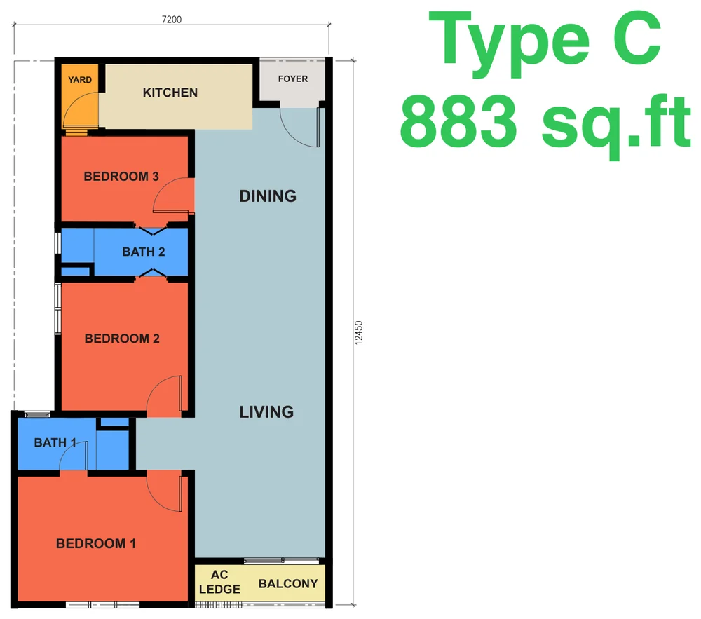 KSL Austin Legacy Type C floor plan, 3 bedroom 3 bathroom, 883 sqft